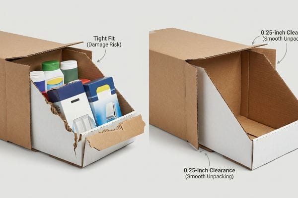 Corrugated master cartons show 'Tight Fit (Damage Risk)' causing damage vs. '0.25-inch Clearance (Smooth Unpacking)'.