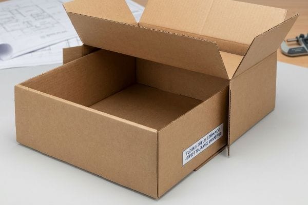 Brown corrugated cardboard box with an open, empty nested tray, featuring a label reading 'Flexible Display Component - Offset Tolerance Engineered' on its side.
