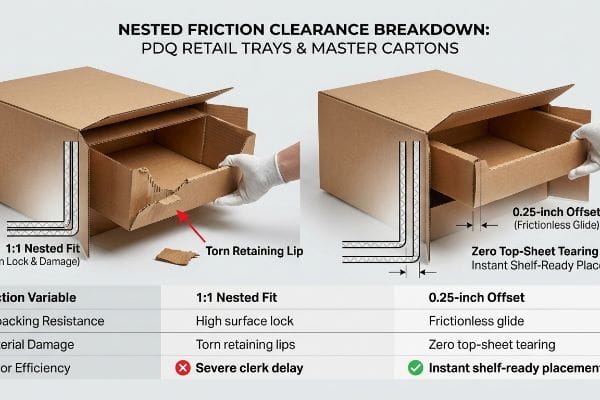 Cardboard PDQ retail trays comparison: torn retaining lip from 1:1 nested fit vs. smooth 0.25-inch offset for frictionless glide.
