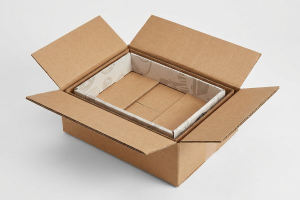 Brown corrugated master carton with an open, lighter-colored patterned structural insert for nested packaging solutions.