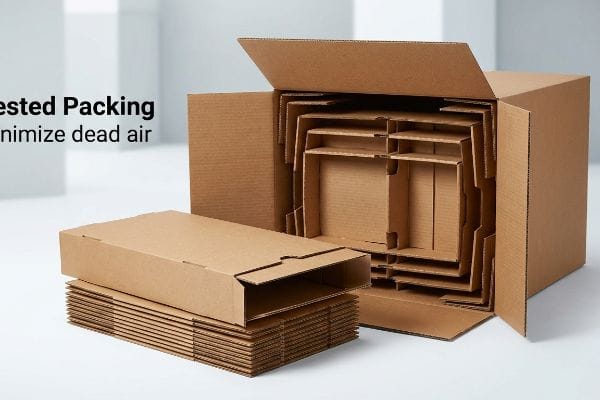 Corrugated cardboard boxes showcasing Nested Packing to minimize dead air, with smaller units nested inside a larger shipper and a stack of flat-packed boxes.
