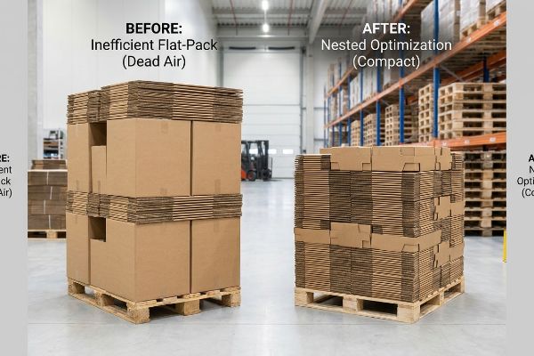 Brown corrugated cardboard boxes on pallets illustrating Before Inefficient Flat-Pack (Dead Air) and After Nested Optimization (Compact).