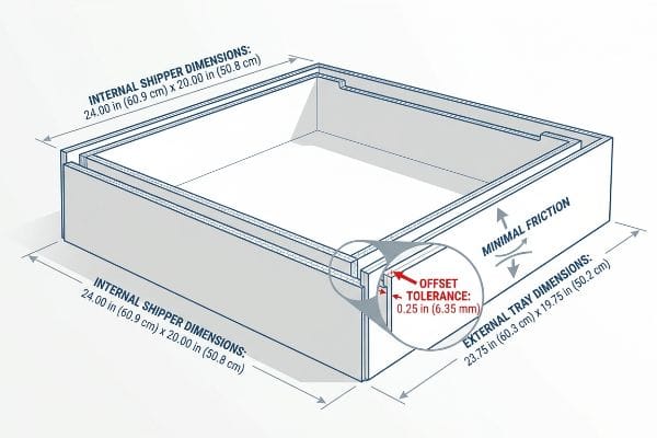 Diagram of nested shipper and tray, highlighting Internal Shipper Dimensions 24x20 inches and a 0.25-inch (6.35 mm) Offset Tolerance for Minimal Friction.