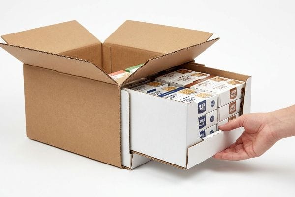 Brown corrugated shipping box with a hand pulling a white nested SRP tray of Snack Pack boxes, showcasing shelf-ready packaging.