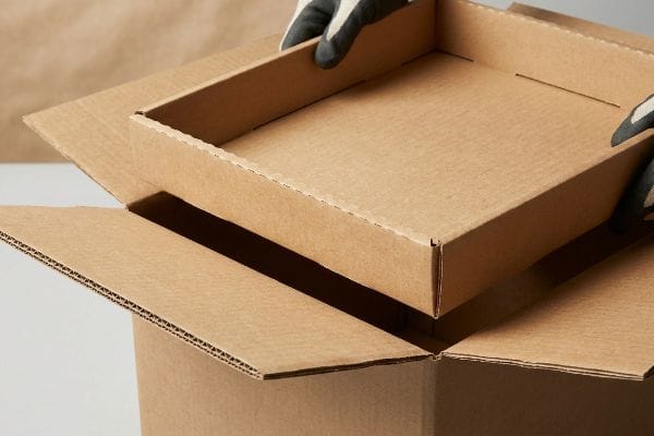 Brown corrugated cardboard nested tray being placed into a shipping box by a gloved hand, illustrating unpacking friction.