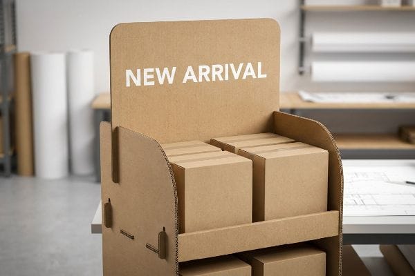 New Arrival POP Display Brown corrugated cardboard point of purchase display with 'New Arrival' header, showcasing tiers of product boxes.