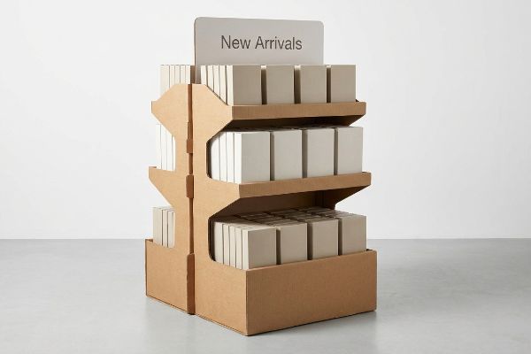 A sturdy corrugated cardboard retail display stand showcases three tiers of products with a 