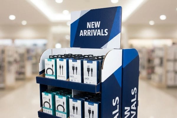 A blue and white retail point-of-purchase display featuring