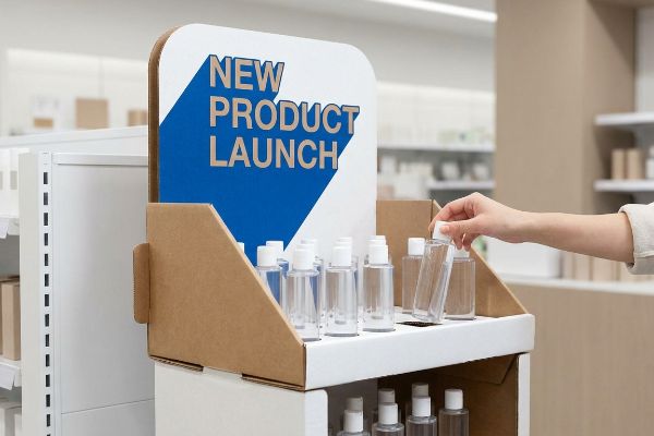 Corrugated cardboard POP display with 'New Product Launch' sign, showcasing clear cosmetic bottles, a hand reaching for one.