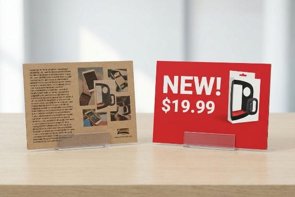 Deux panneaux publicitaires sur bois : un marron avec des images de produits, un rouge avec l'inscription « Nouveau ! 19,99 $ » faisant la promotion d'un support pour téléphone.