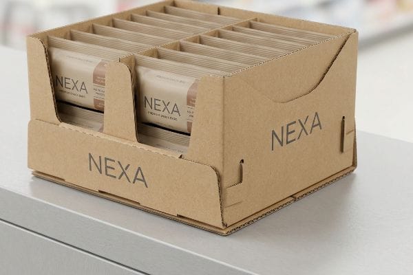 Une boîte présentoir PDQ en carton ondulé brun remplie de barres de céréales Nexa emballées individuellement, prêtes pour la vente au détail.