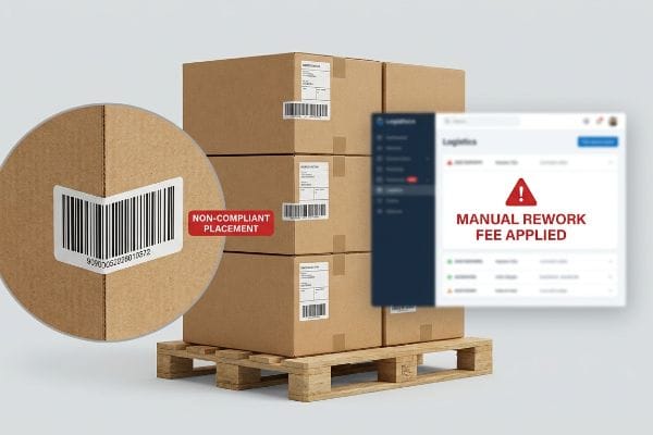 Caixas de papelão em um palete, destacando uma etiqueta de código de barras de "Posicionamento Não Conforme" em uma das emendas, com uma tela desfocada mostrando uma "Taxa de Retrabalho Manual Aplicada".