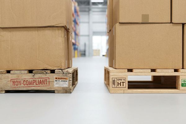 Weathered Non-Compliant Methyl Bromide pallet beside a new ISPM 15 HT certified wooden pallet with boxes.