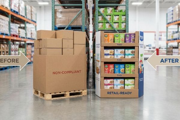 Retail Display Transformation Cardboard boxes marked "Non-Compliant" on a pallet transform into a "Retail-Ready" display of packaged goods in a warehouse setting.
