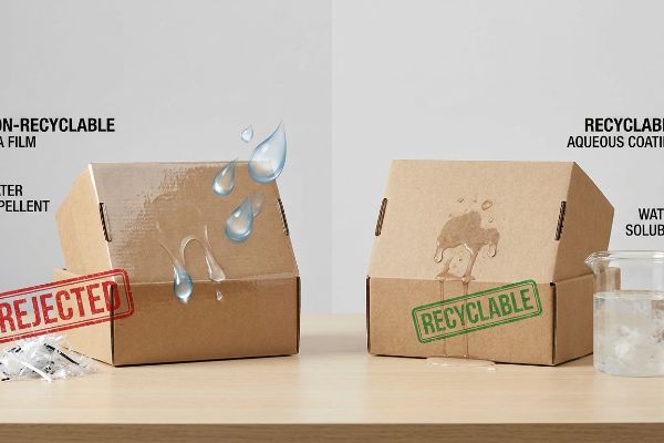 Brown cardboard box with Non-Recyclable PLA Film coating, showing water beading and repelling, stamped 'Rejected'.