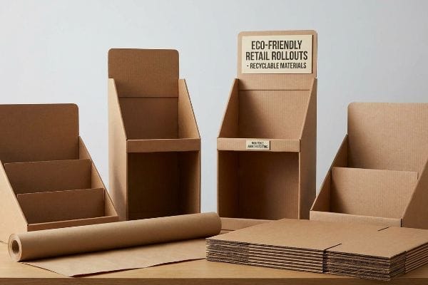 Déploiements de solutions de vente au détail écologiques : présentoirs PLV en carton recyclable avec revêtement aqueux non toxique.