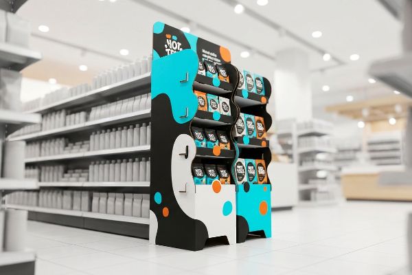 A vibrant corrugated retail display unit, featuring Not Traditional brand products, stands prominently in a store aisle.