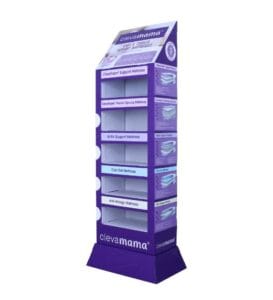a 5 tier purple cardboard display stand featuring baby and toddler mattresses.