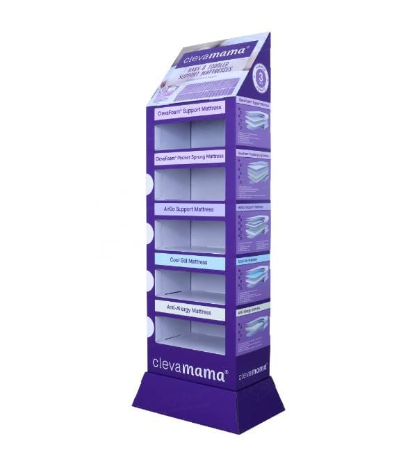 a 5 tier purple cardboard display stand featuring baby and toddler mattresses.