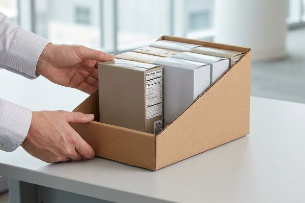 Corrugated cardboard PDQ tray with multiple retail-ready boxes, one featuring a clear Nutrition Facts label, handled for quick assembly.