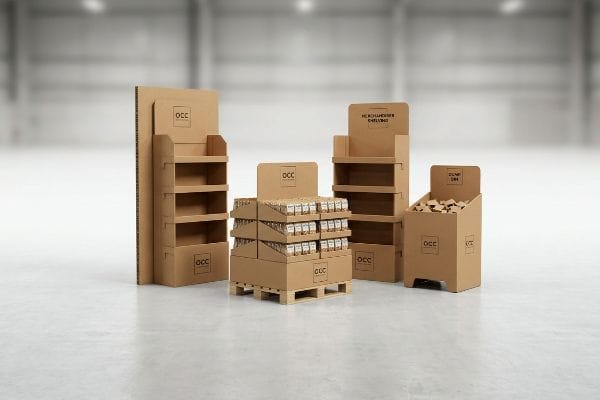 Diverse OCC cardboard retail floor displays in a warehouse, featuring a pallet base with products, free-standing Merchandise Shelving, and a Dump Bin.