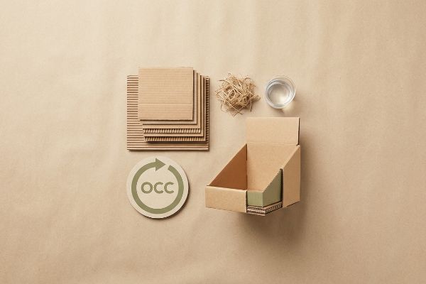 Sustainable corrugated packaging elements: flat cardboard sheets, an open retail display box, and an OCC recycling symbol.