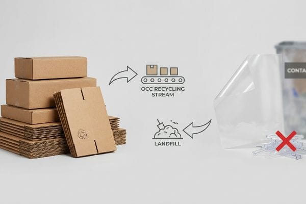 リサイクルマークの付いた茶色の段ボール箱はOCCリサイクルルートに送られ、透明なプラスチックフィルムは赤い×印で埋め立て処分用とされている。.