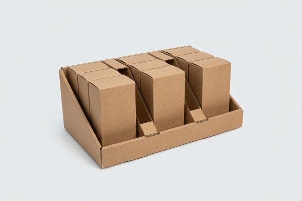 Brown corrugated cardboard merchandising tray with modular SKU dividers holding multiple plain product boxes, designed for odd-numbered visual grouping.