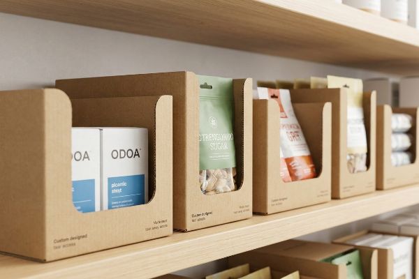 Arranged on a light wooden shelf, kraft cardboard shelf-ready packaging displays Odoa Picamic Shtyt, Strengthening Sugar, and Pumpkin Gree products.