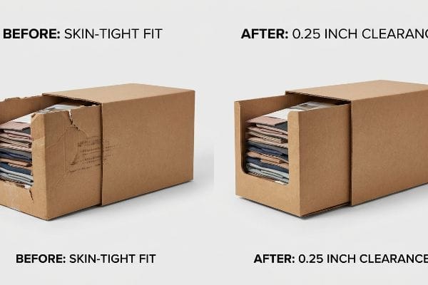 Brown corrugated cardboard boxes compare packaging fit. The 'Before: Skin-Tight Fit' box shows a damaged retail tray, contrasting with the 'After: 0.25 Inch Clearance' box, which allows smooth removal.