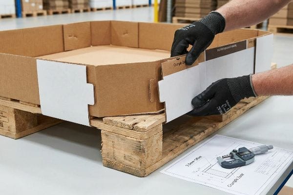 Gloved hands assemble a self-locking corrugated pallet base with a 3.5mm offset and Crumple Zone diagram, beside a micrometer.