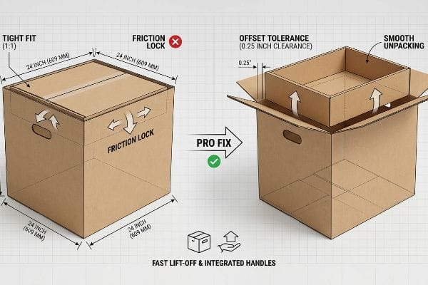 Brown corrugated cardboard boxes illustrate a 24-inch tight fit friction lock versus a 0.25-inch offset tolerance for smooth unpacking and fast lift-off.
