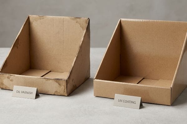 Side-by-side comparison of two empty cardboard display boxes, one with discolored Oil Varnish and the other with a clean UV Coating.