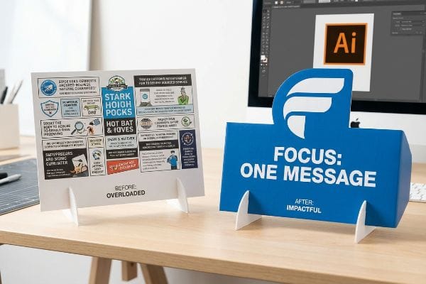 Encabezados de cartón sobre el escritorio, que contrastan "Antes: Sobrecargado" con "Enfoque: Un mensaje" y "Después: Impactante" para marketing en puntos de venta.
