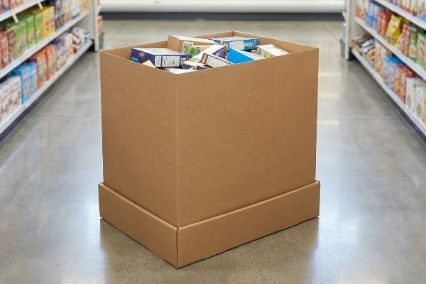 A grocery store aisle features a brown corrugated one-piece dump bin overflowing with various retail product boxes, enhancing bulk merchandise visibility.