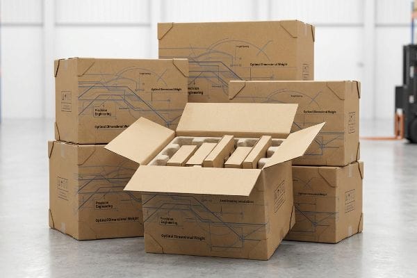 Stacked brown corrugated boxes in a warehouse, one open with custom inserts, display blue 'Precision Engineering' and 'Optimal Dimensional Weight' graphics for contract packaging shipping.