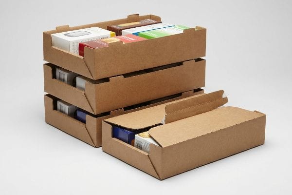 Stacked and open brown corrugated shelf-ready packaging trays display various small product boxes for retail merchandising.