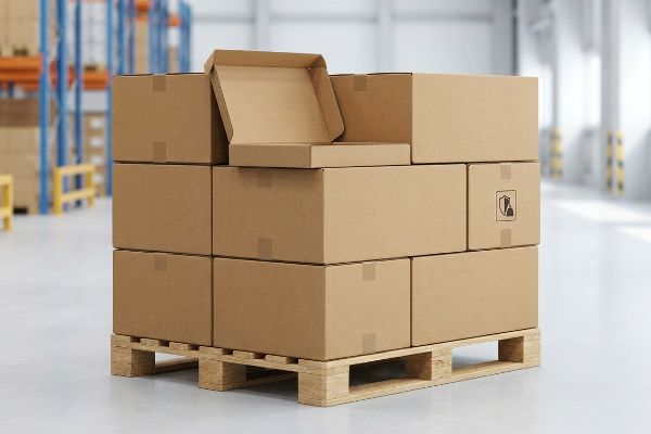Brown corrugated master cartons stacked on a wooden GMA pallet in a warehouse, one open, one with a fragile symbol, showcasing proper pallet stacking.