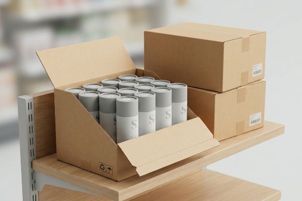 Retail display of an open shelf-ready cardboard box with cylindrical products featuring an 'S' logo, next to stacked shipping boxes.