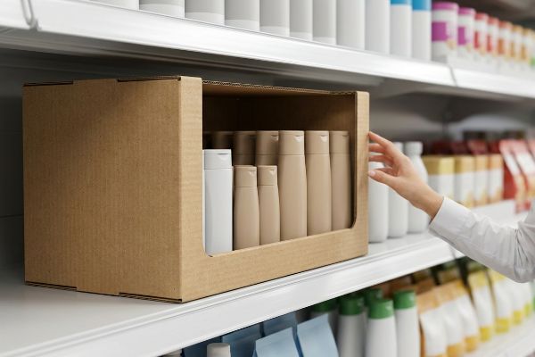 Brown corrugated open-top shelf-ready packaging (SRP) with beige and white bottles on a retail shelf, a hand reaching for a product.