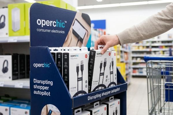 Operchic POP Display Cables A shopper's hand selects an Operchic consumer electronics cable from a blue POP display, promoting 'Disrupting Shopper Autopilot'.