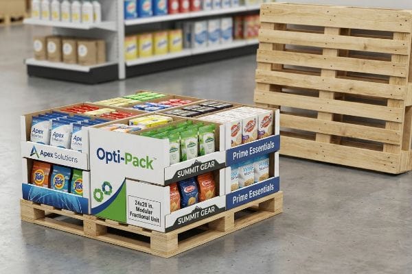 Opti-Pack 24x20 in. modular fractional pallet display featuring Apex Solutions, Tide, Summit Gear, and Prime Essentials.