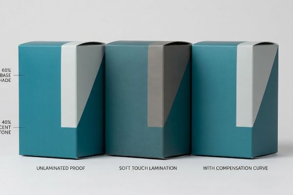 Three teal boxes show the 60 40 color rule, comparing Unlaminated Proof, Soft Touch Lamination, and With Compensation Curve to counteract optical darkening.