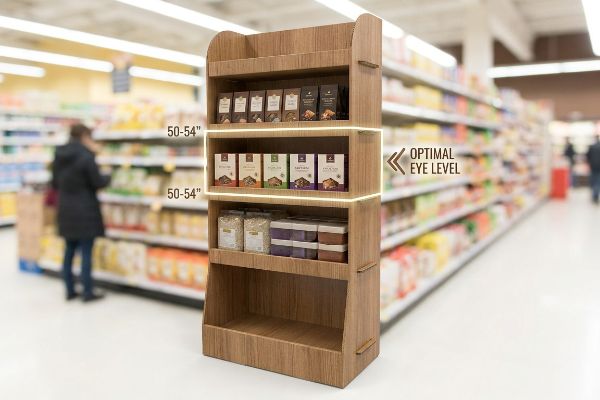 Wooden retail display highlighting the 50-54 inches Optimal Eye Level strike zone for product placement on a feature merchandiser.