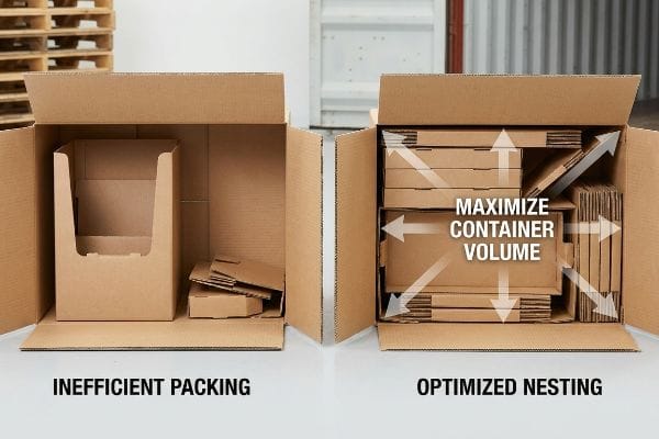 Cardboard boxes compare Inefficient Packing with Optimized Nesting, showing how to Maximize Container Volume for freight.