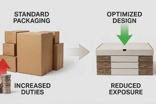 Illustrating the impact of packaging design, this image shows Standard Packaging leading to Increased Duties, contrasted with Optimized Design resulting in Reduced Exposure.