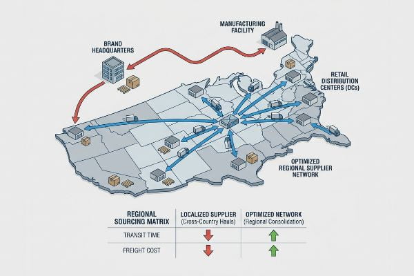 A detailed map of the United States illustrates supply chain logistics, contrasting a localized supplier's cross-country hauls from brand headquarters and manufacturing facilities to retail distribution centers with an optimized regional supplier network. A matrix shows the optimized network significantly reduces transit time and freight cost.