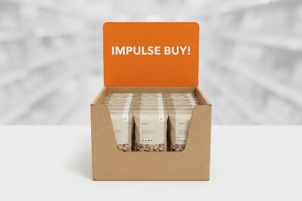 Impulse Buy Display Brown corrugated cardboard retail POP display with an orange "Impulse Buy!" header, showcasing snack pouches for impulse sales.