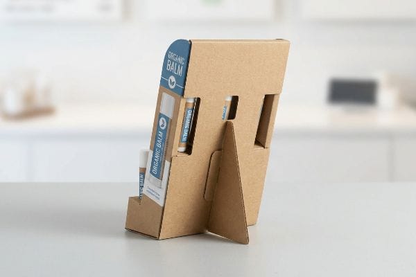 Brown corrugated cardboard countertop POS display with an easel back, showcasing multiple tubes of Organic Balm.