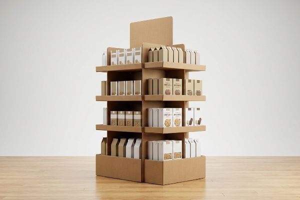 A modern retail setting features a multi-tiered corrugated cardboard endcap POS display showcasing various organic packaged products like biscuits.